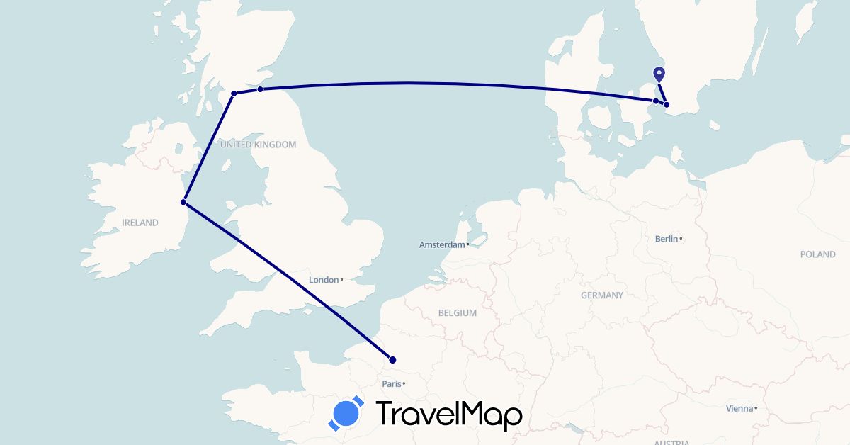 TravelMap itinerary: driving in Denmark, France, United Kingdom, Ireland, Sweden (Europe)