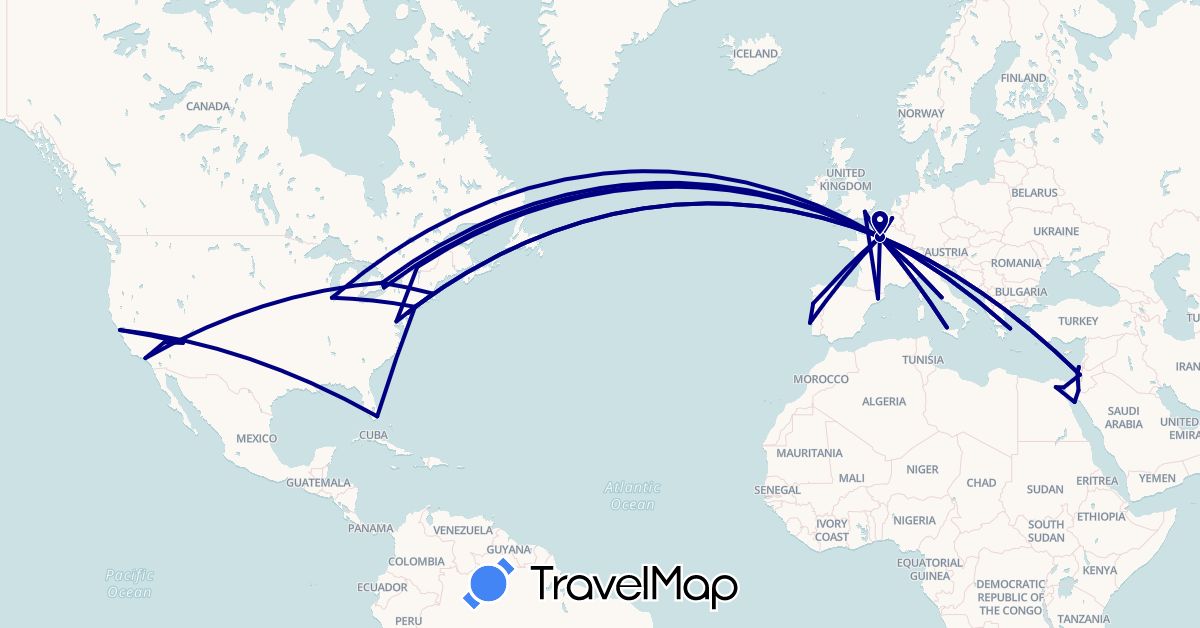 TravelMap itinerary: driving in Belgium, Canada, Egypt, Spain, France, United Kingdom, Greece, Israel, Italy, Portugal, United States (Africa, Asia, Europe, North America)